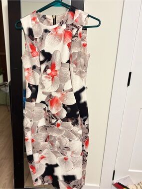 Calvin Klein Floral Midi Sheath Dress in White, Black and Coral